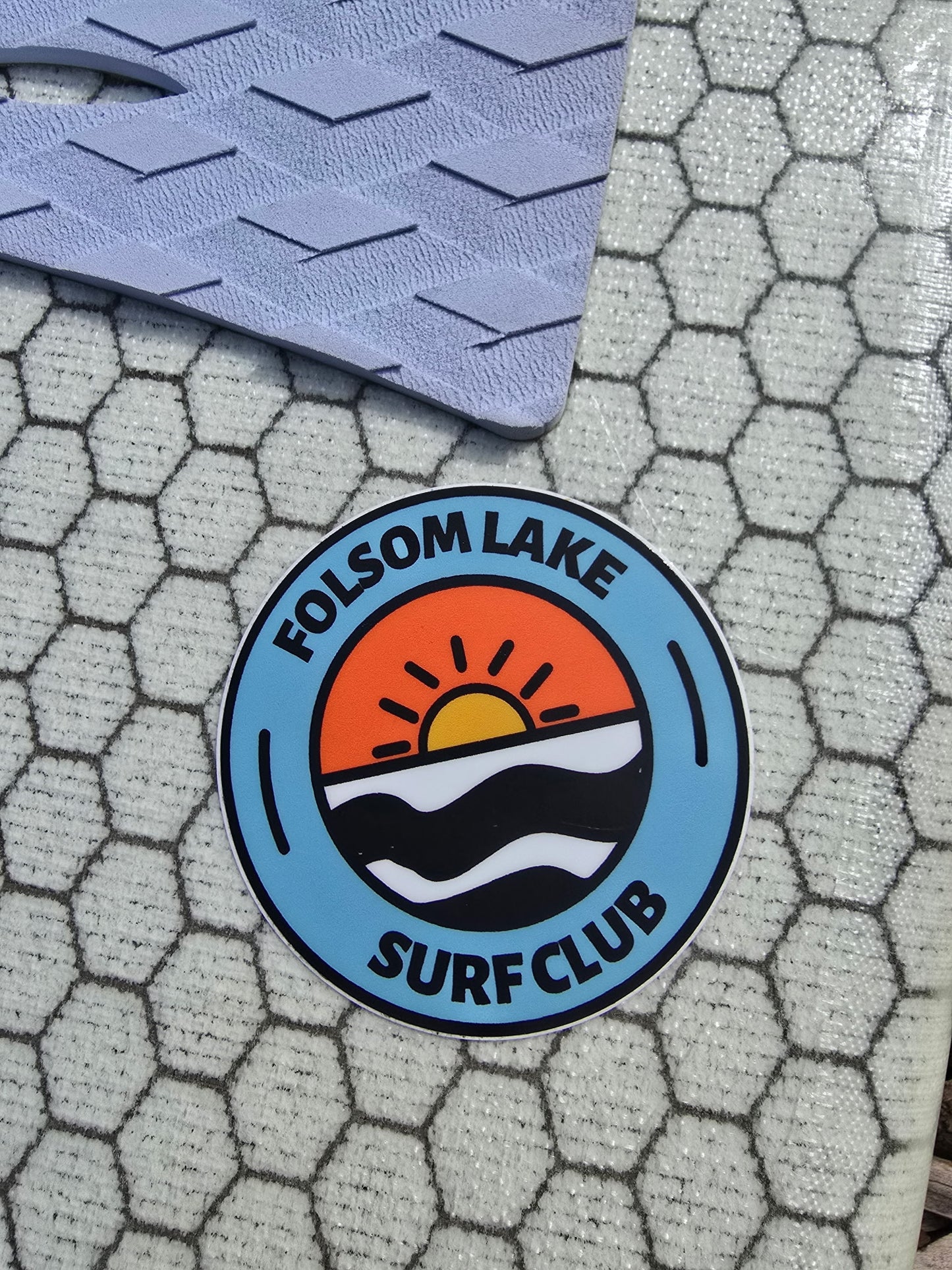 Orange/Blue Folsom Lake Surf Club sticker - 3" round